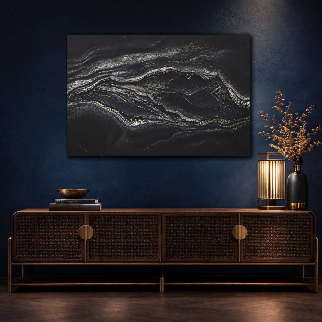 Mockup 4. Abstract Marble Texture Black And Silver shown as stretched canvas wall art