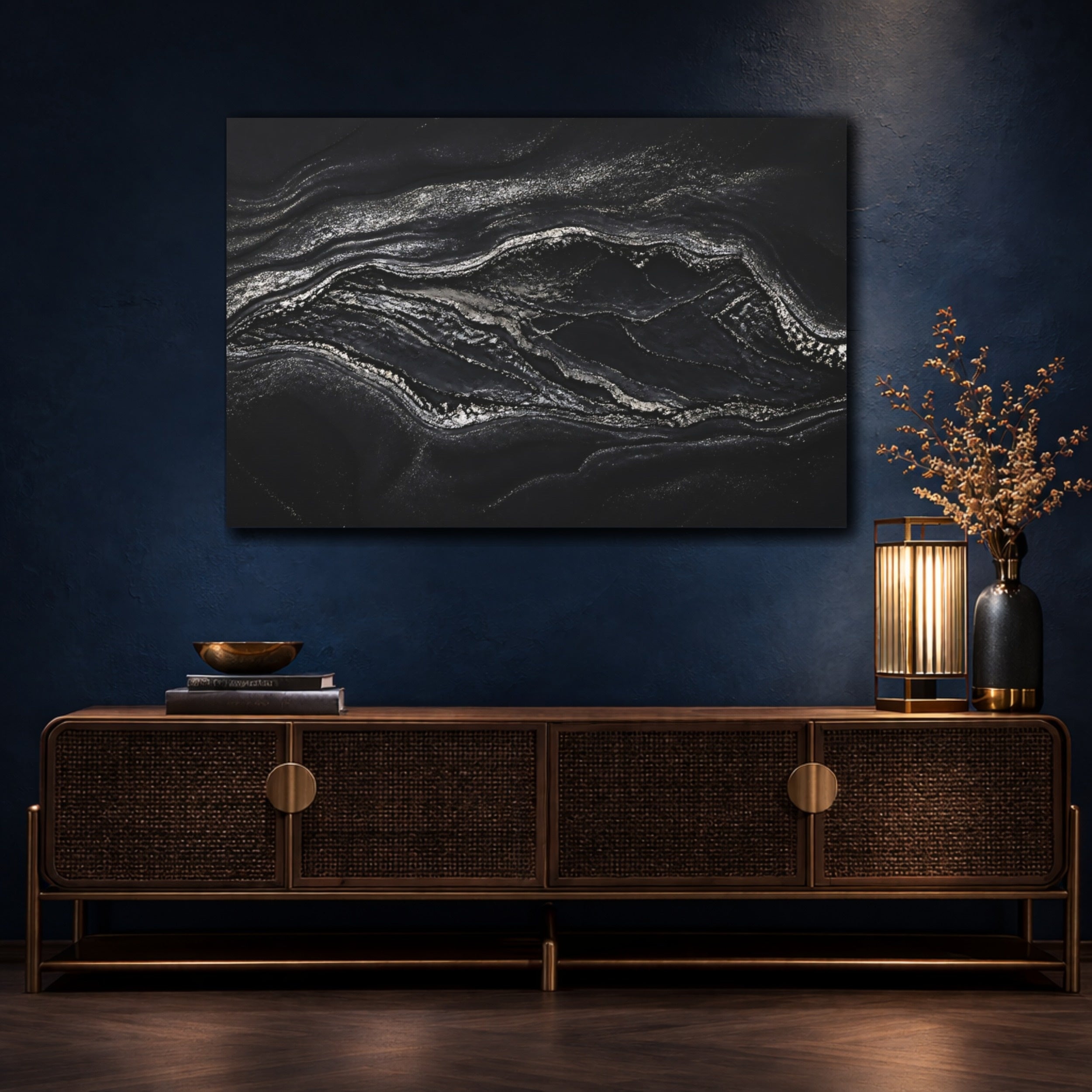 Mockup 4. Abstract Marble Texture Black And Silver shown as stretched canvas wall art