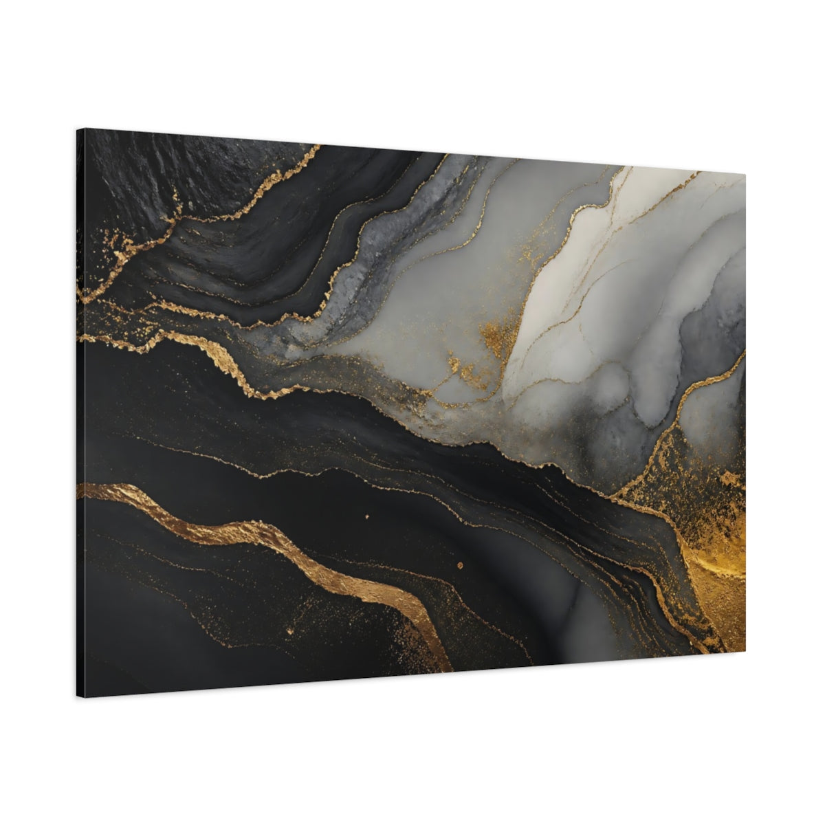 Side Mockup 1. Abstract Marble Texture Black Gold Marble shown as stretched canvas wall art