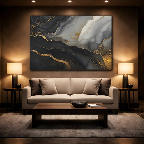 Mockup 2. Abstract Marble Texture Black Gold Marble shown as stretched canvas wall art