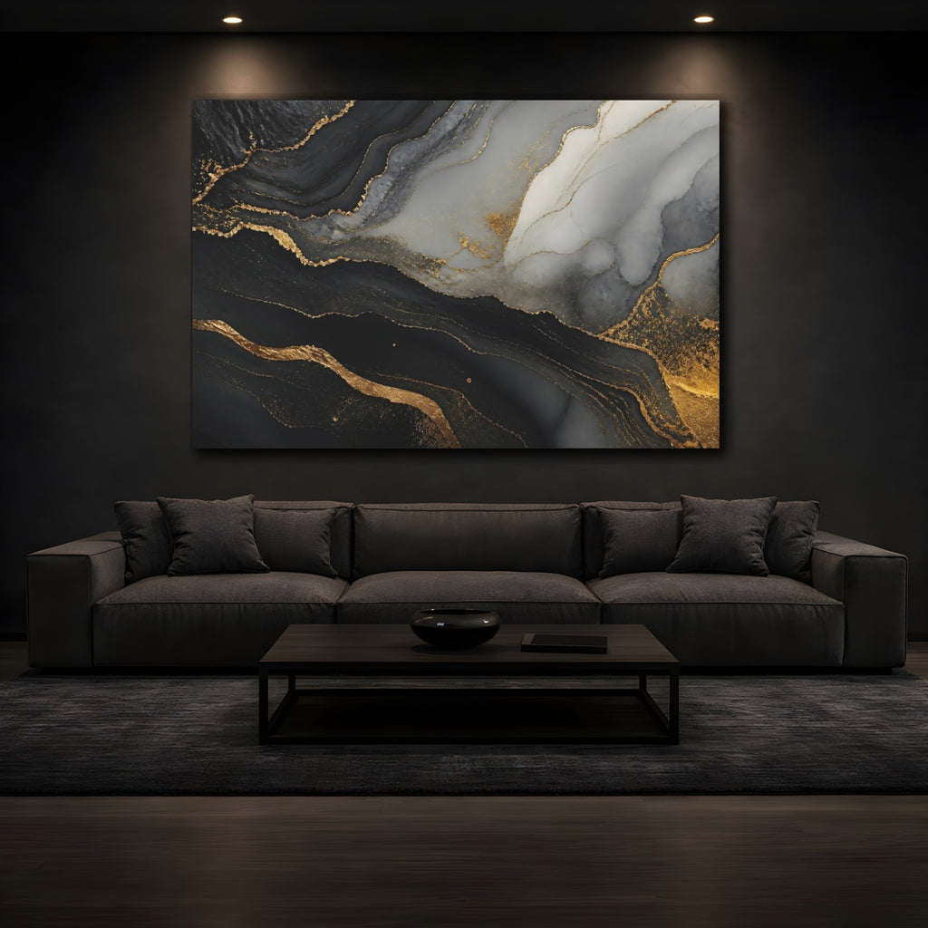 Mockup 3. Abstract Marble Texture Black Gold Marble shown as stretched canvas wall art
