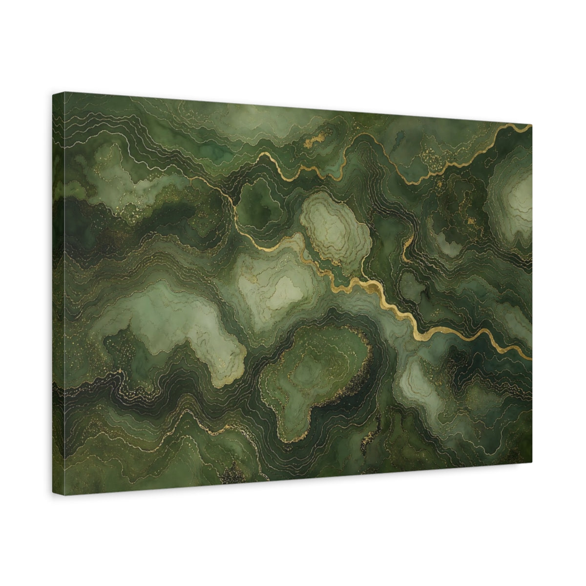 Side Mockup 3. Abstract Marble Texture Green And Gold shown as stretched canvas wall art