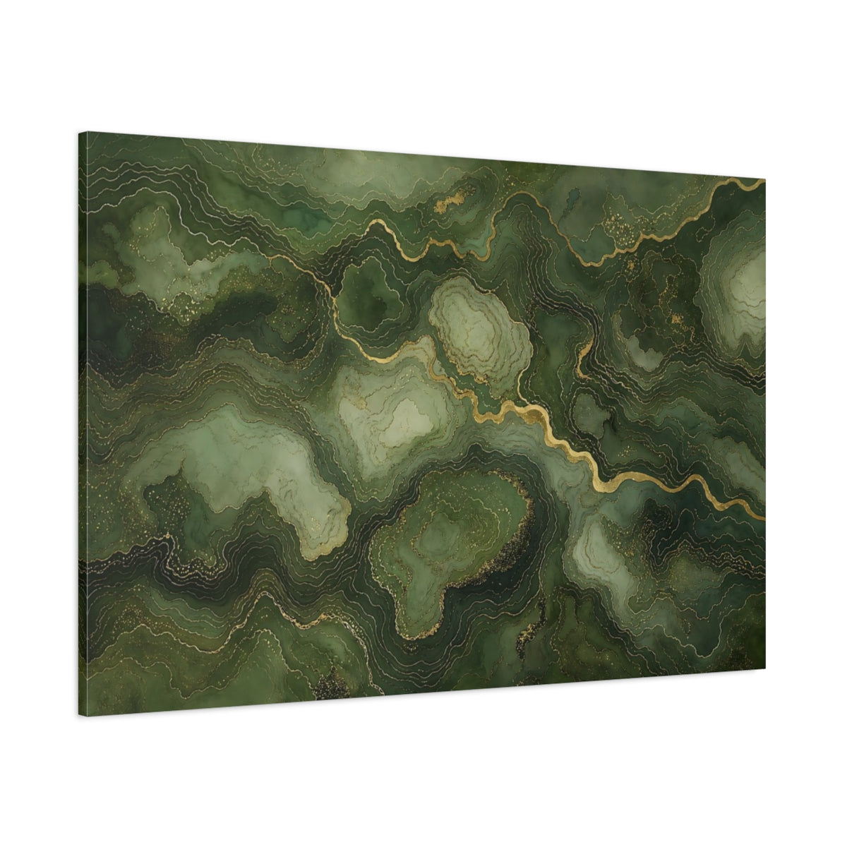 Side Mockup 1. Abstract Marble Texture Green And Gold shown as stretched canvas wall art