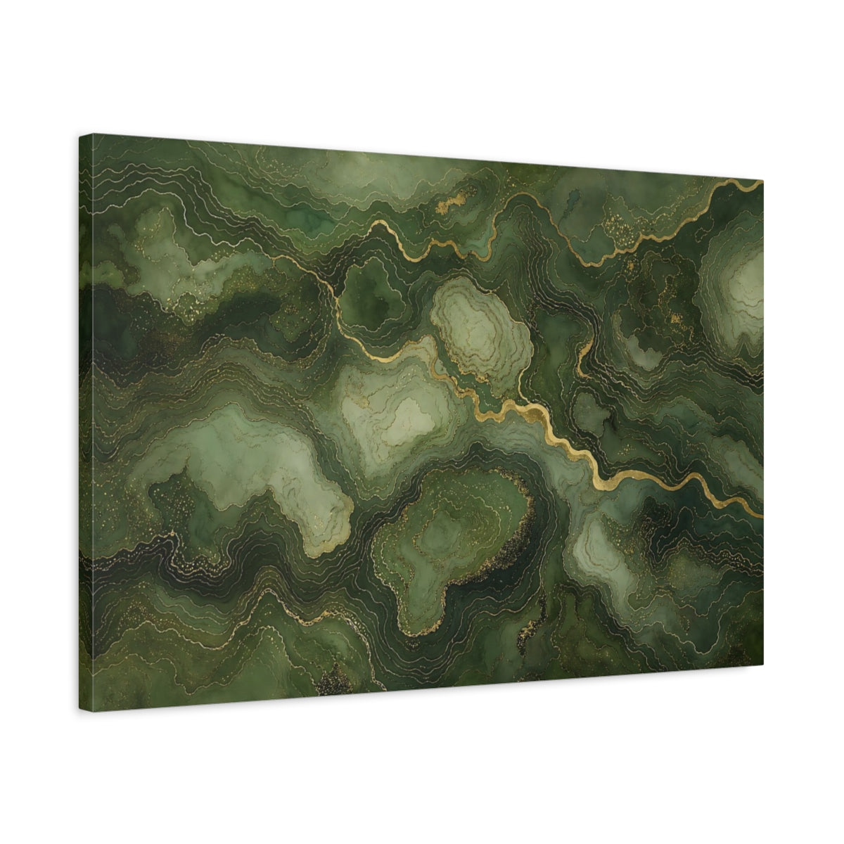 Side Mockup 2. Abstract Marble Texture Green And Gold shown as stretched canvas wall art