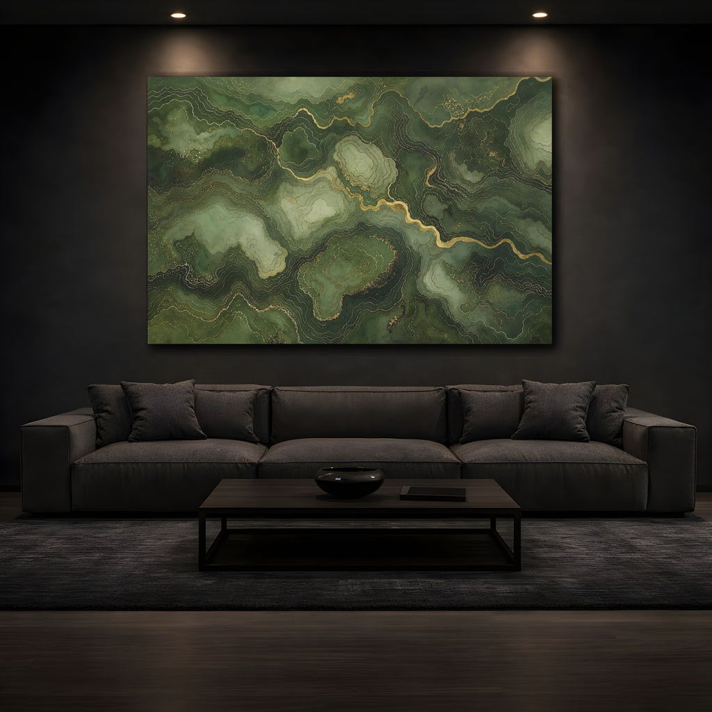 Mockup 3. Abstract Marble Texture Green And Gold shown as stretched canvas wall art