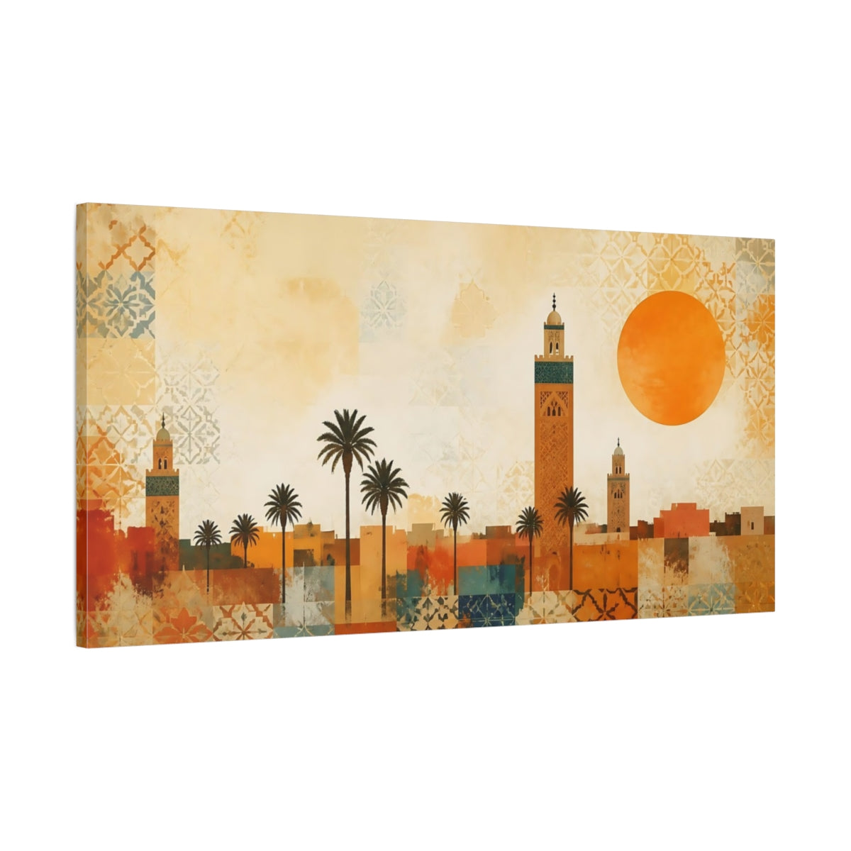 Main Mockup. Abstract Minaret City Moroccan Cityscape shown as stretched canvas wall art