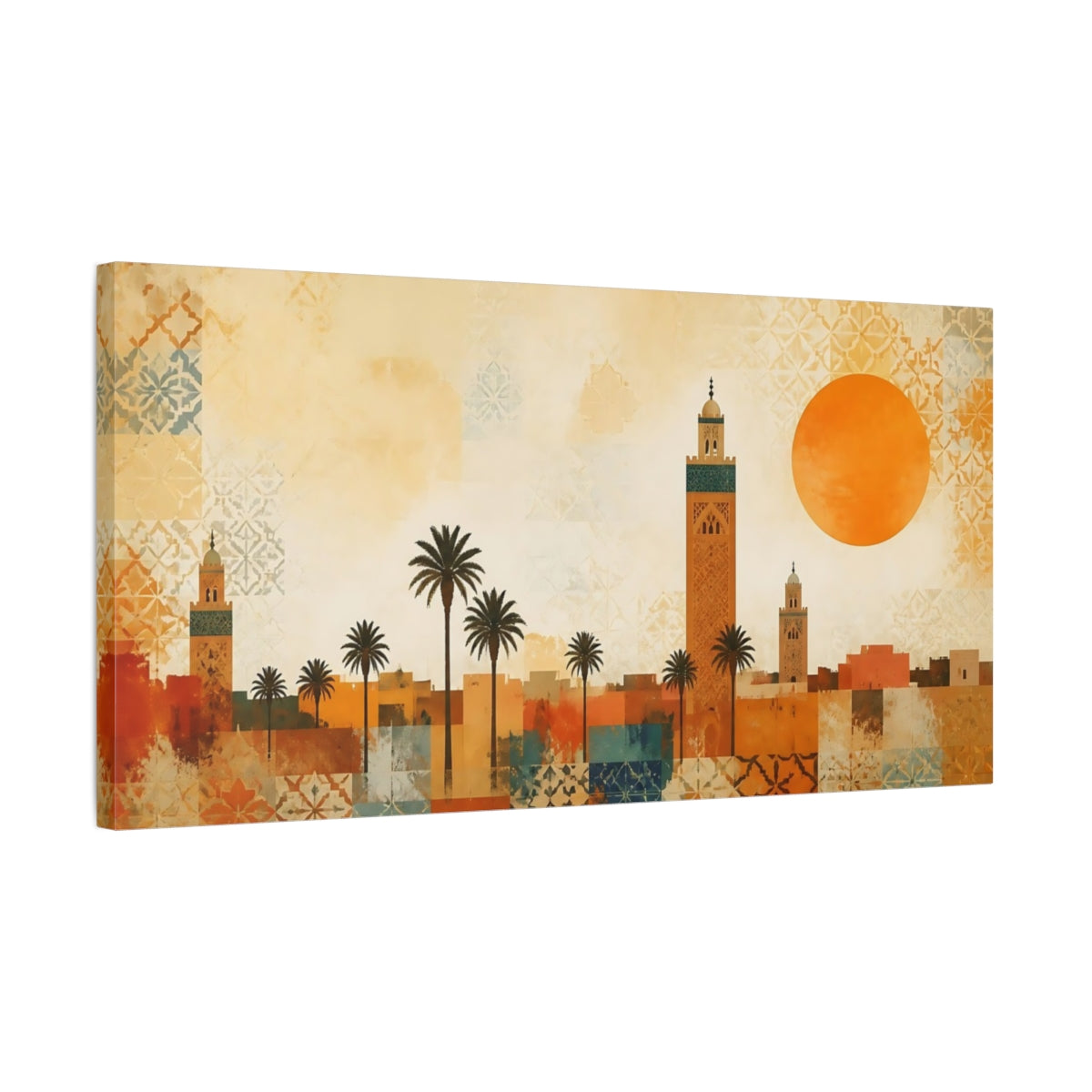 Side Mockup 1. Abstract Minaret City Moroccan Cityscape shown as stretched canvas wall art