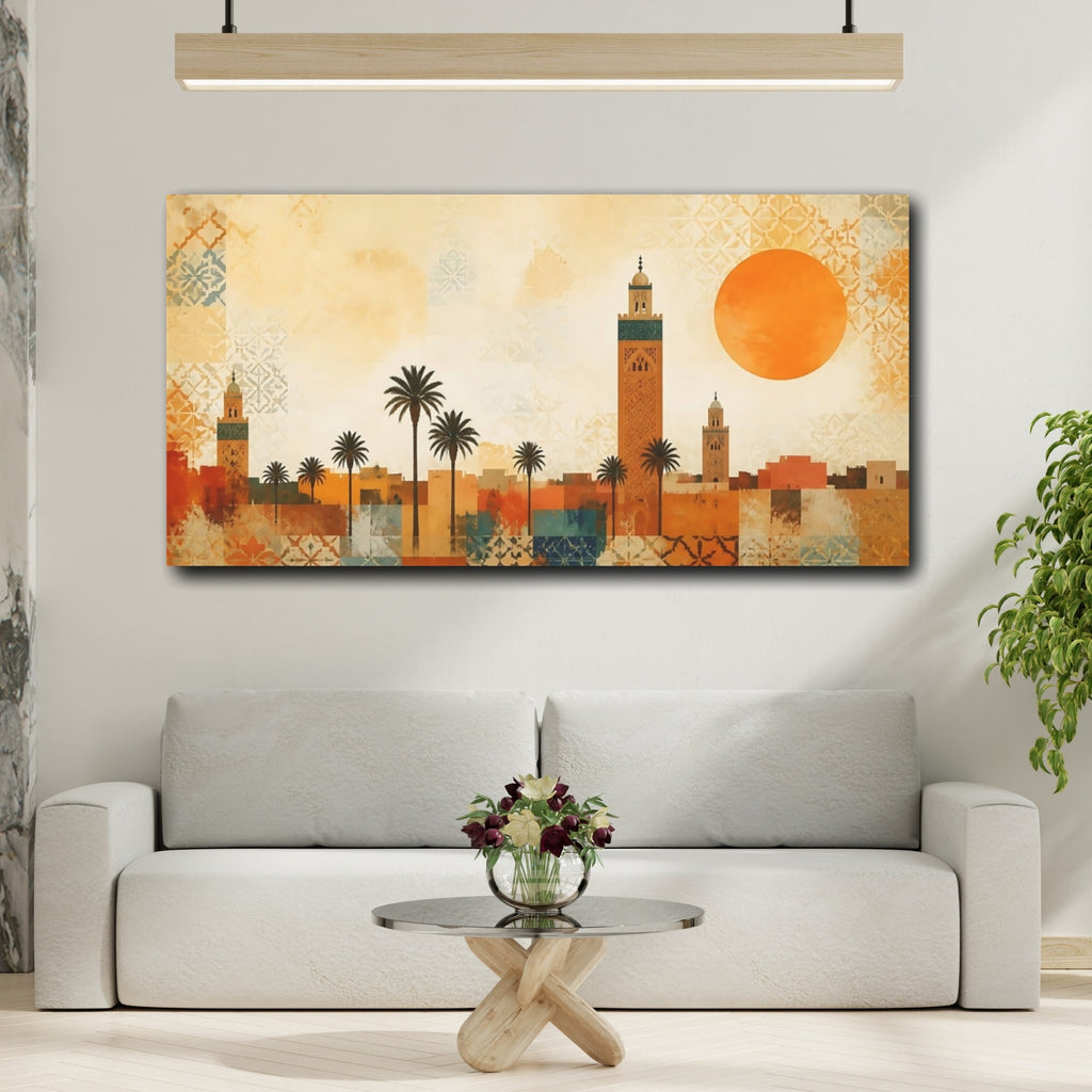 Mockup 2. Abstract Minaret City Moroccan Cityscape shown as stretched canvas wall art