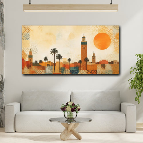 Mockup 2. Abstract Minaret City Moroccan Cityscape shown as stretched canvas wall art