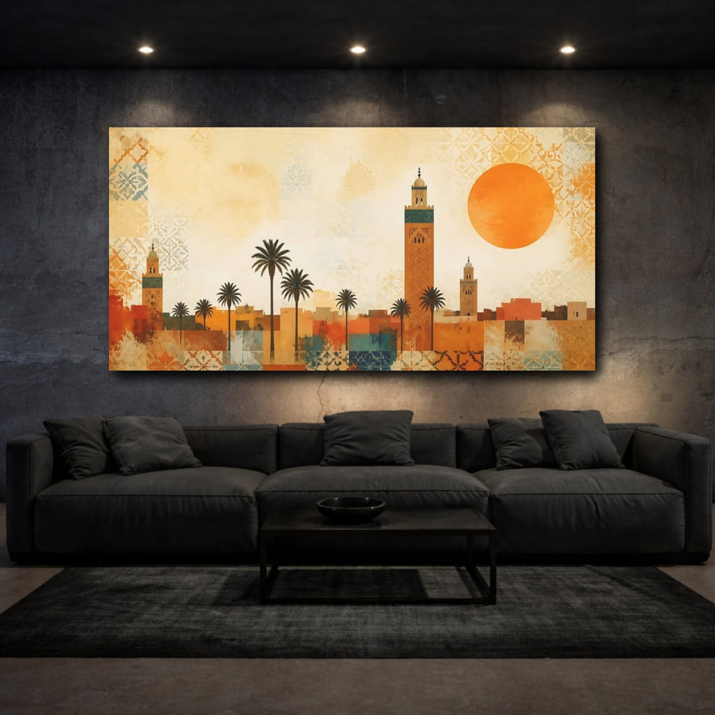 Mockup 3. Abstract Minaret City Moroccan Cityscape shown as stretched canvas wall art