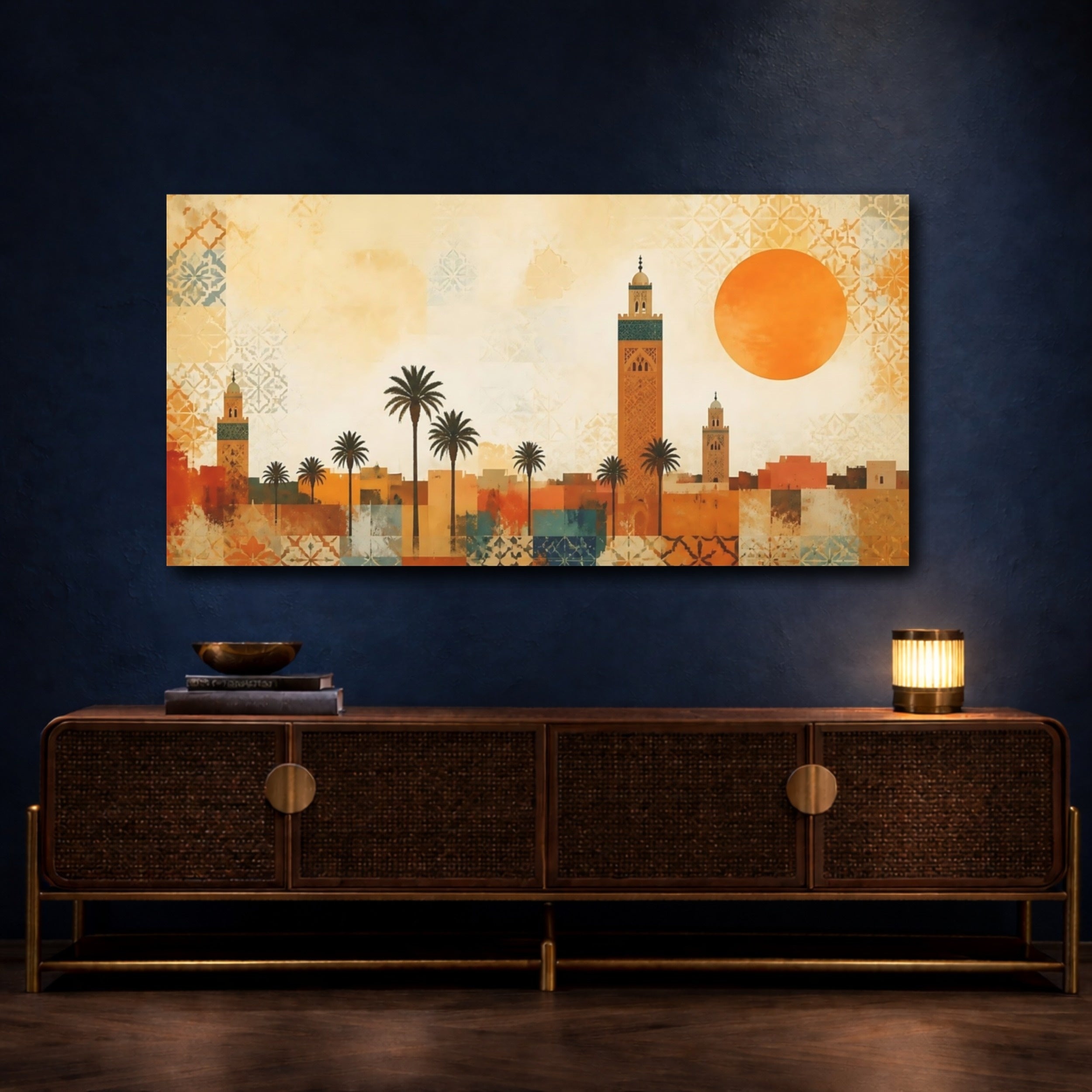 Mockup 4. Abstract Minaret City Moroccan Cityscape shown as stretched canvas wall art