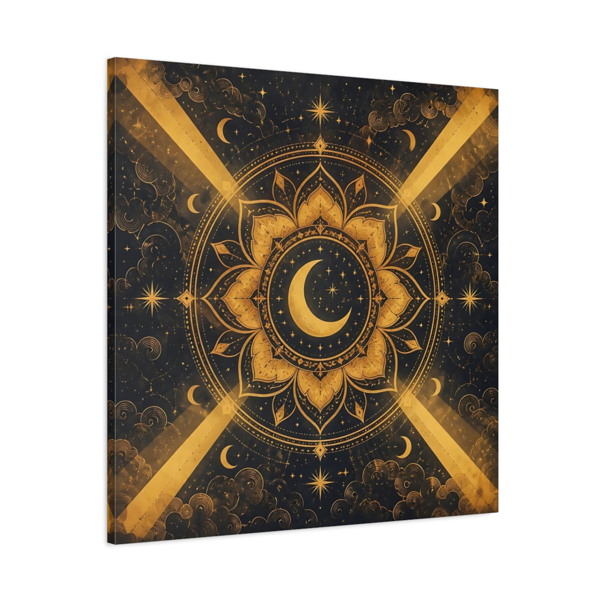 Main Mockup. Abstract Moon Mandala Gold And Black shown as stretched canvas wall art