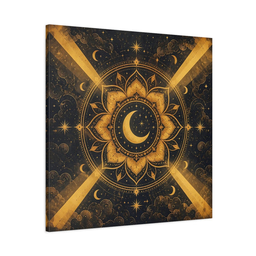 Main Mockup. Abstract Moon Mandala Gold And Black shown as stretched canvas wall art
