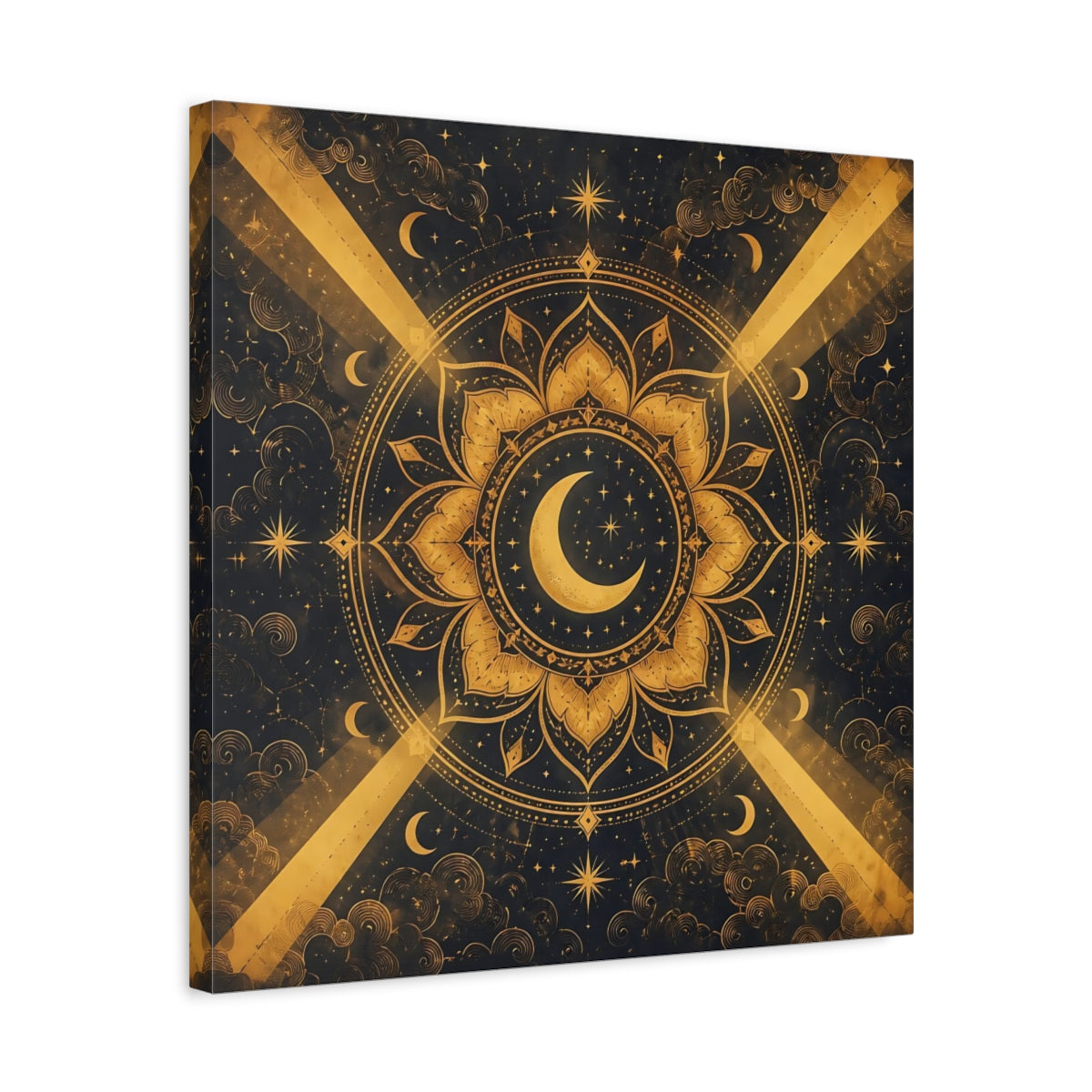 Side Mockup 5. Abstract Moon Mandala Gold And Black shown as stretched canvas wall art