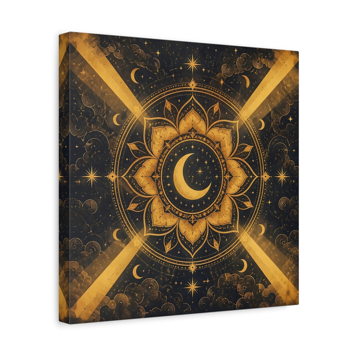 Side Mockup 7. Abstract Moon Mandala Gold And Black shown as stretched canvas wall art
