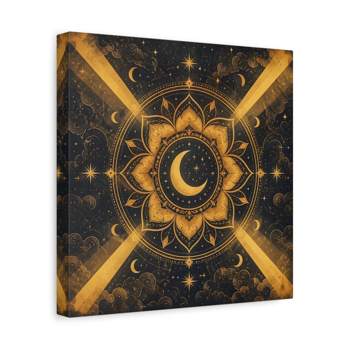 Side Mockup 8. Abstract Moon Mandala Gold And Black shown as stretched canvas wall art