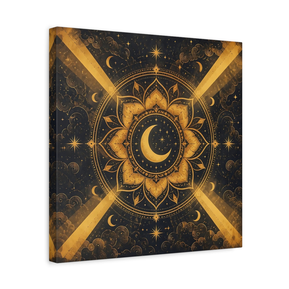 Side Mockup 6. Abstract Moon Mandala Gold And Black shown as stretched canvas wall art
