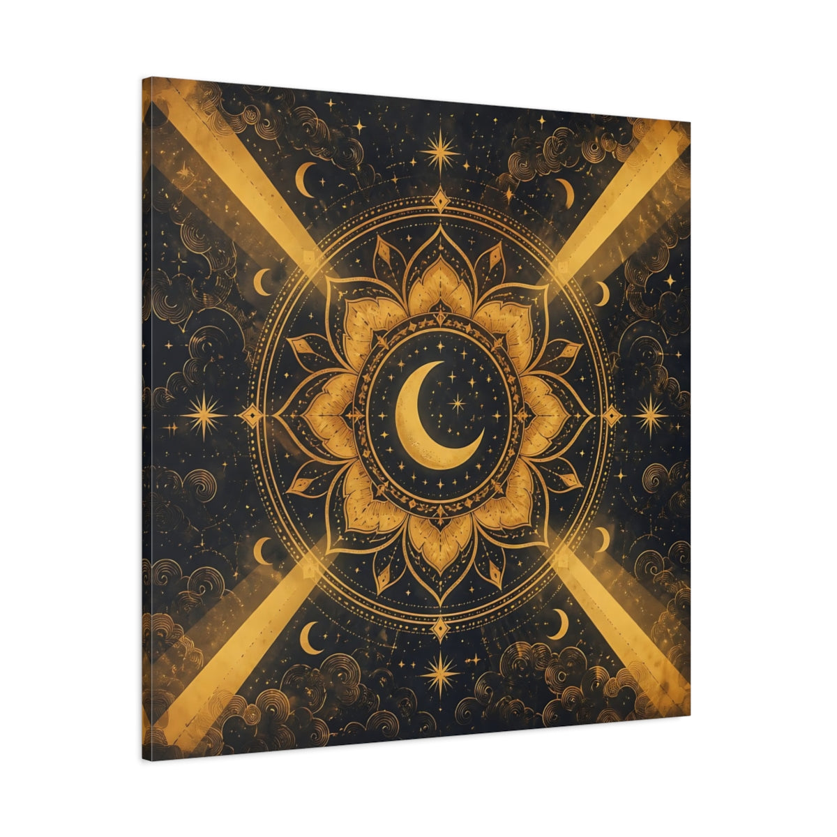 Side Mockup 1. Abstract Moon Mandala Gold And Black shown as stretched canvas wall art