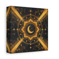 Side Mockup 2. Abstract Moon Mandala Gold And Black shown as stretched canvas wall art
