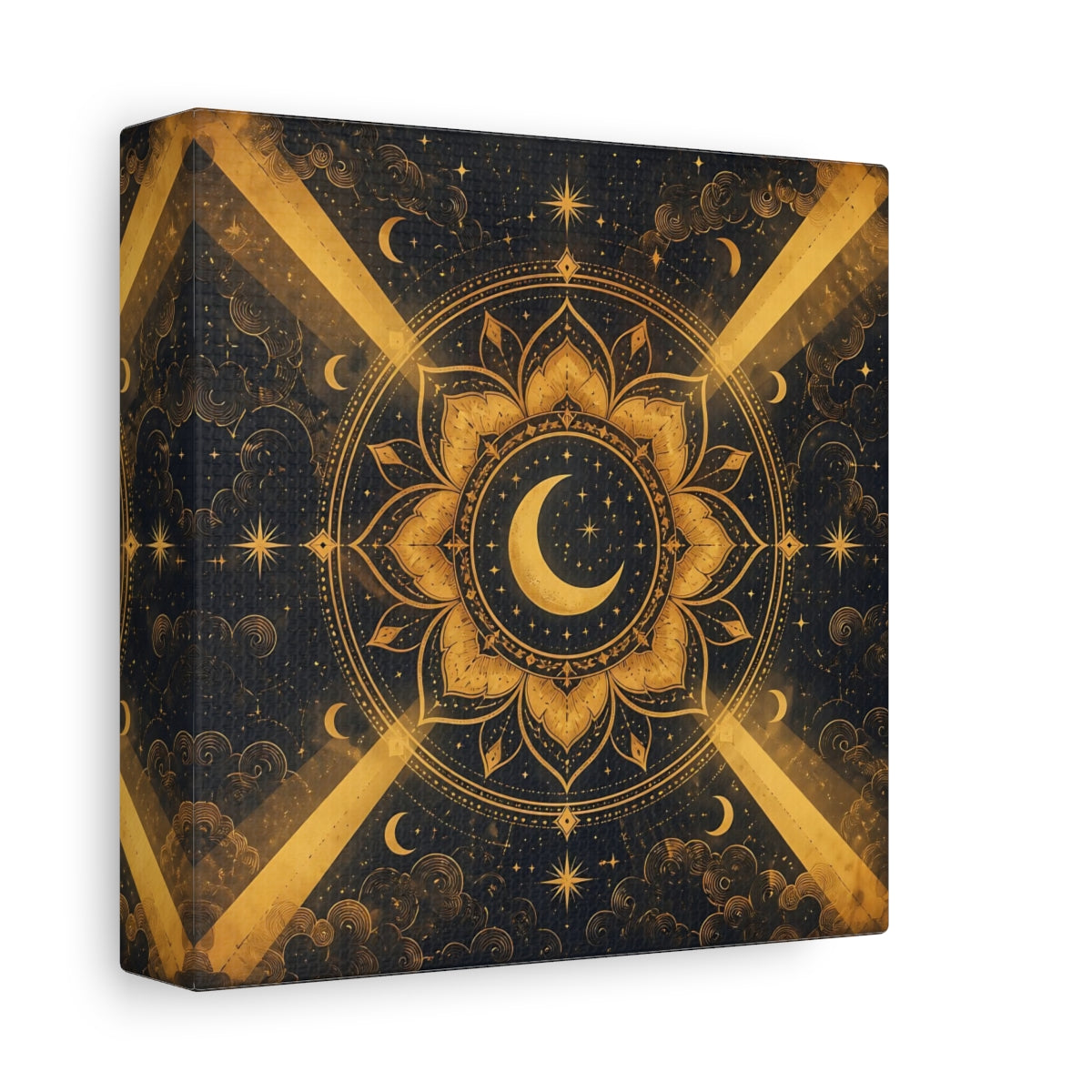 Side Mockup 2. Abstract Moon Mandala Gold And Black shown as stretched canvas wall art