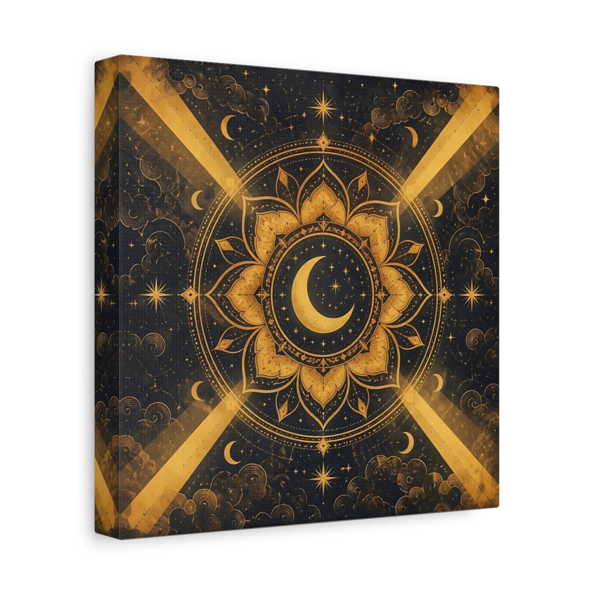 Side Mockup 9. Abstract Moon Mandala Gold And Black shown as stretched canvas wall art