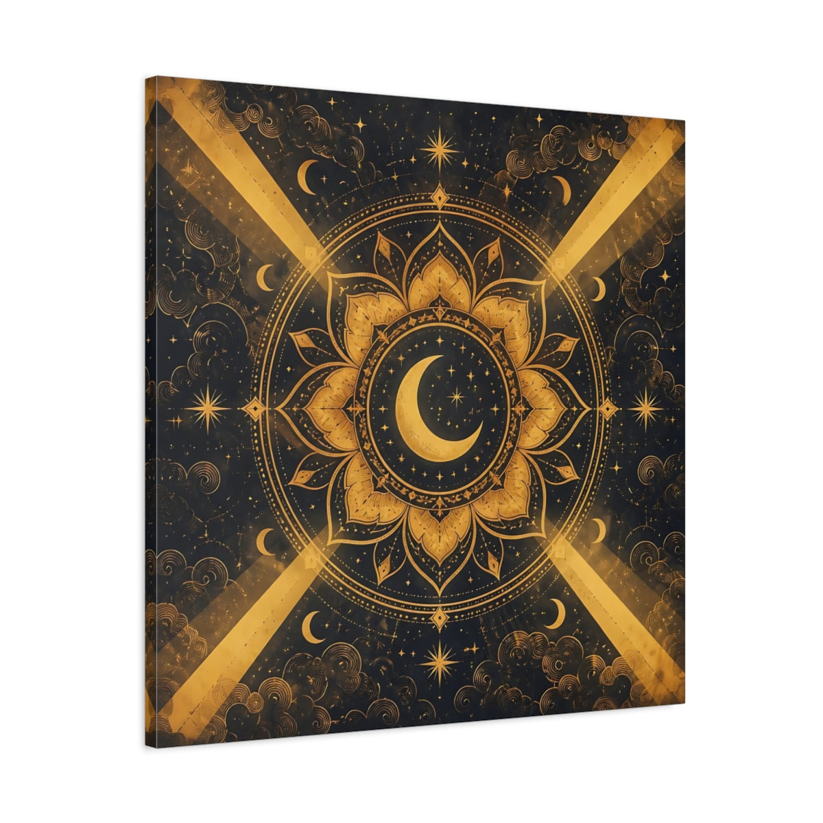 Side Mockup 3. Abstract Moon Mandala Gold And Black shown as stretched canvas wall art