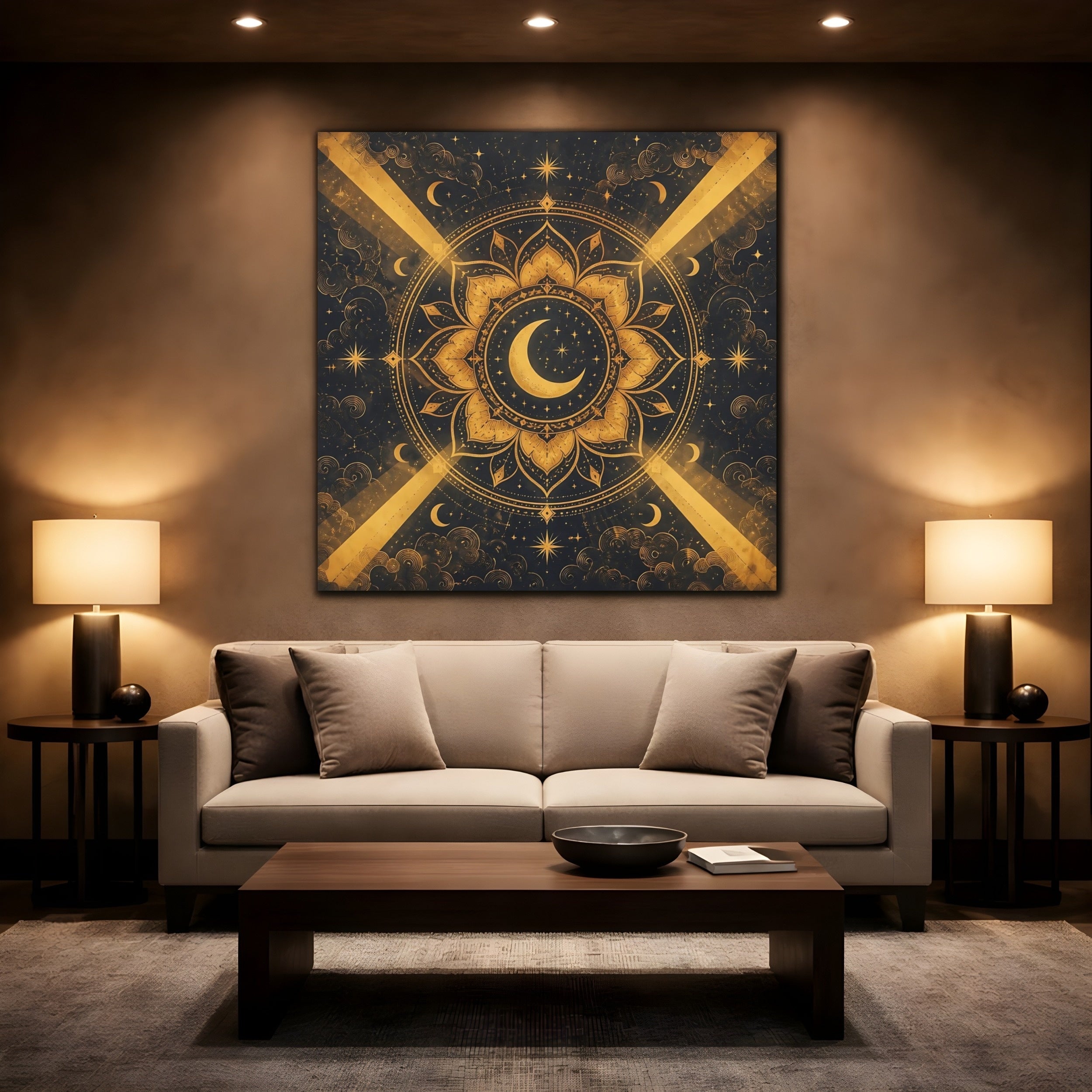 Mockup 2. Abstract Moon Mandala Gold And Black shown as stretched canvas wall art