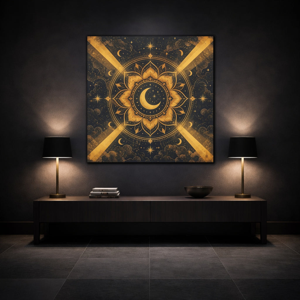 Mockup 3. Abstract Moon Mandala Gold And Black shown as stretched canvas wall art