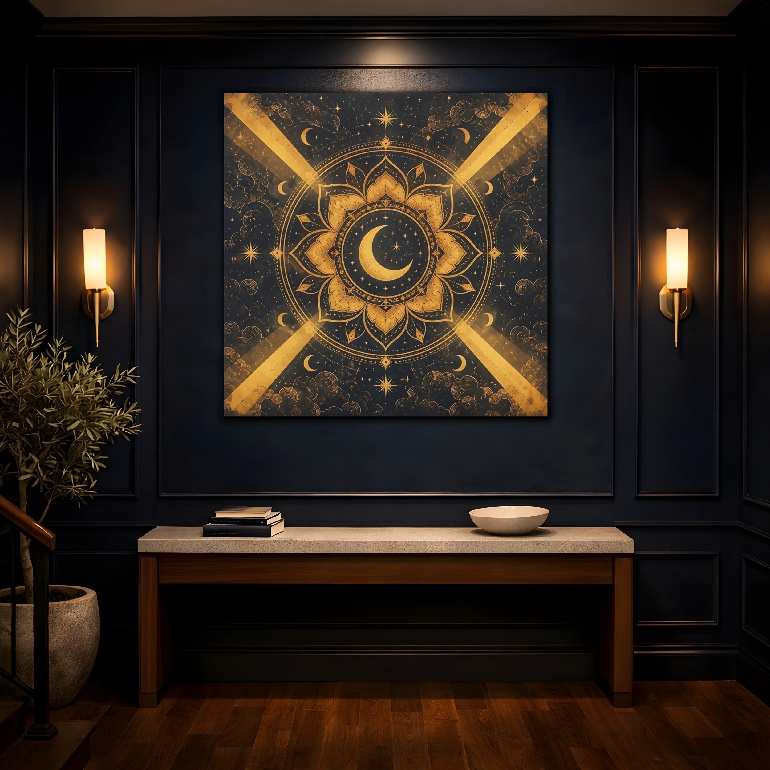 Mockup 4. Abstract Moon Mandala Gold And Black shown as stretched canvas wall art