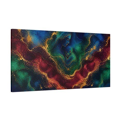 Main Mockup. Abstract Mother Child Blue Green Gold shown as stretched canvas wall art