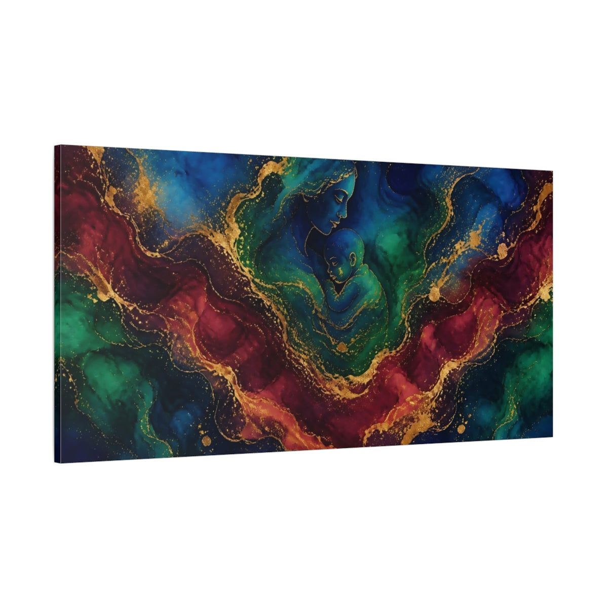 Side Mockup 2. Abstract Mother Child Blue Green Gold shown as stretched canvas wall art