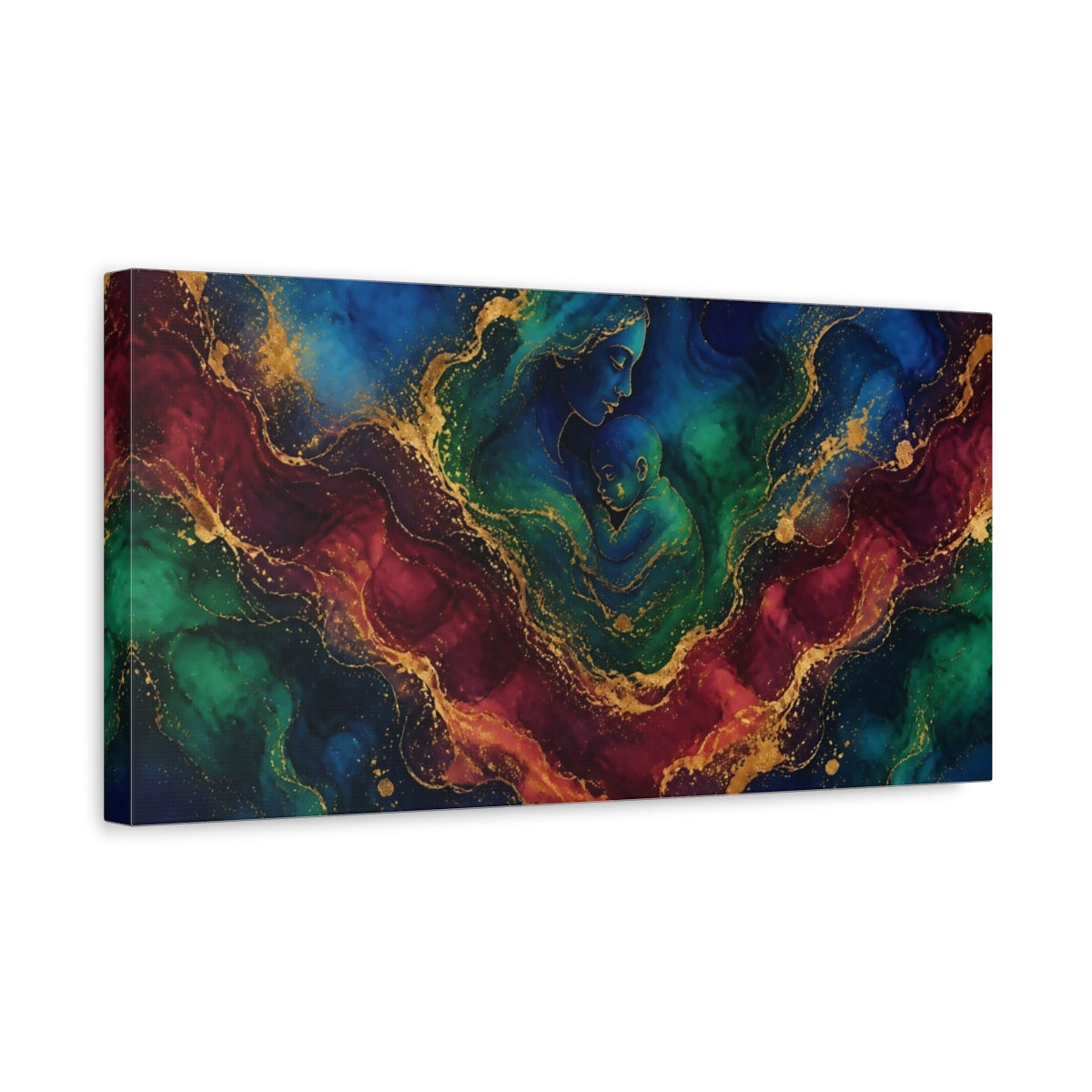 Side Mockup 3. Abstract Mother Child Blue Green Gold shown as stretched canvas wall art