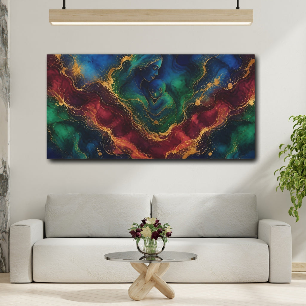 Mockup 2. Abstract Mother Child Blue Green Gold shown as stretched canvas wall art