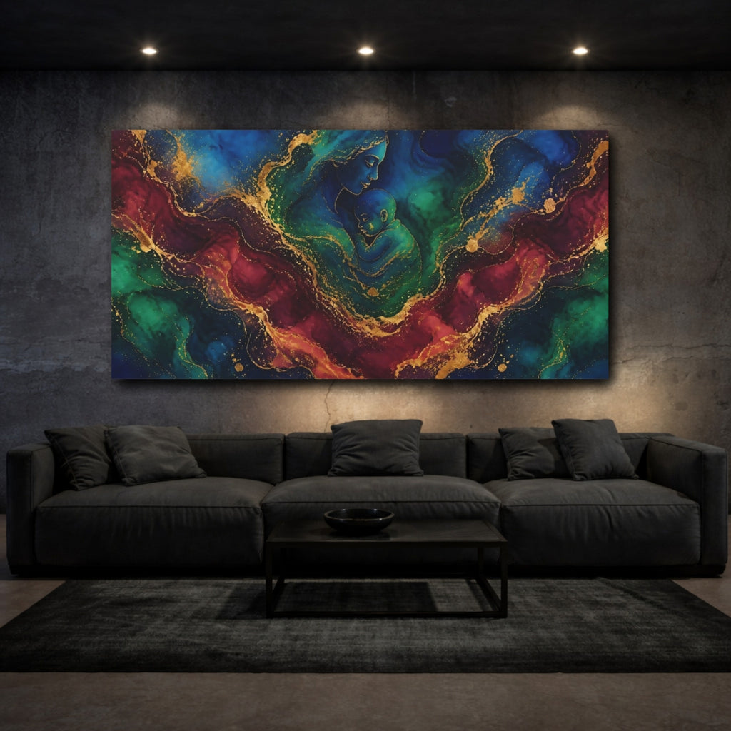 Mockup 3. Abstract Mother Child Blue Green Gold shown as stretched canvas wall art