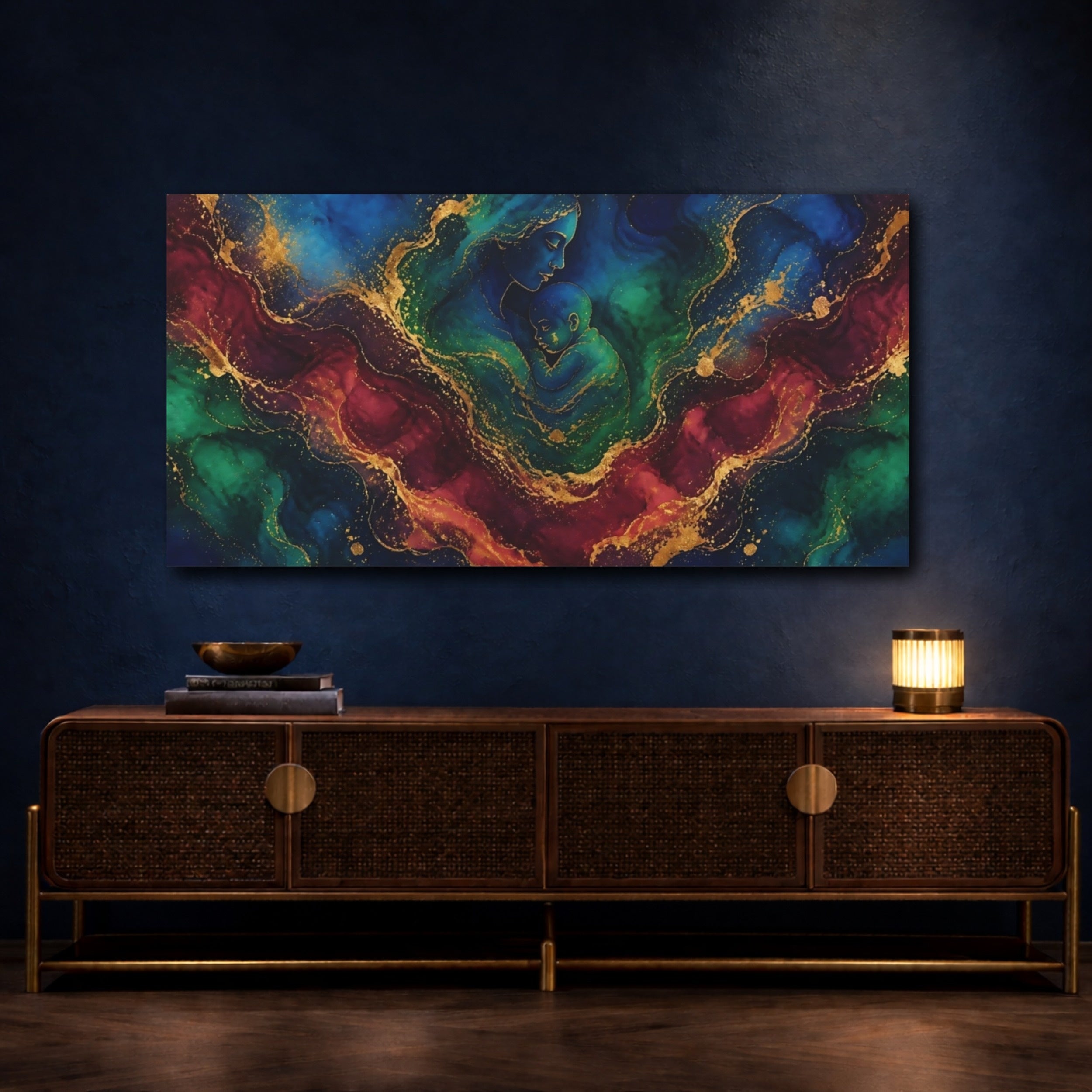Mockup 4. Abstract Mother Child Blue Green Gold shown as stretched canvas wall art