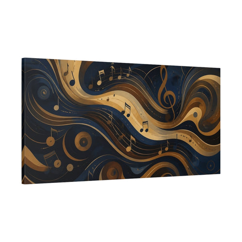 Main Mockup. Abstract Musical Notes Navy Gold Waves shown as stretched canvas wall art