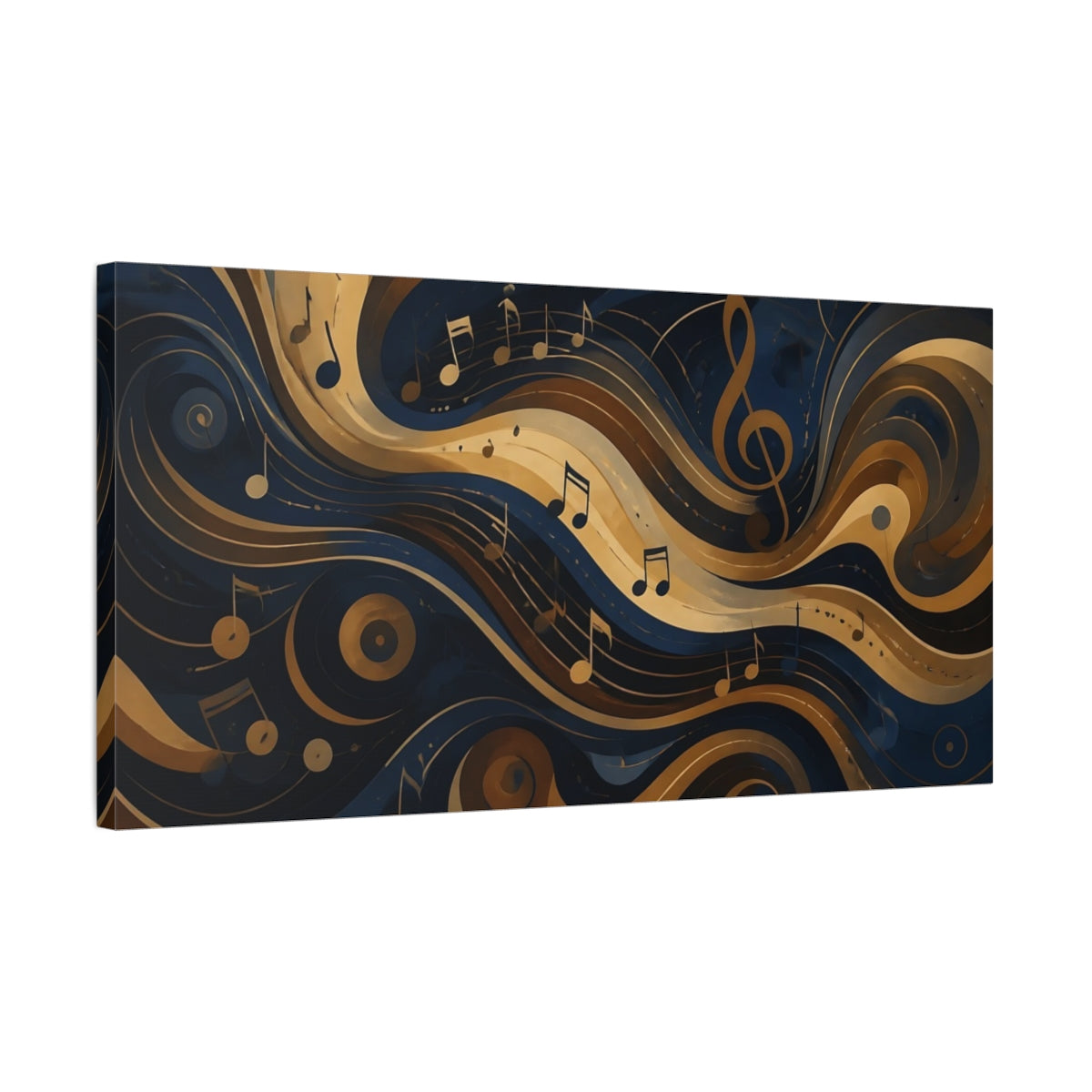 Side Mockup 1. Abstract Musical Notes Navy Gold Waves shown as stretched canvas wall art