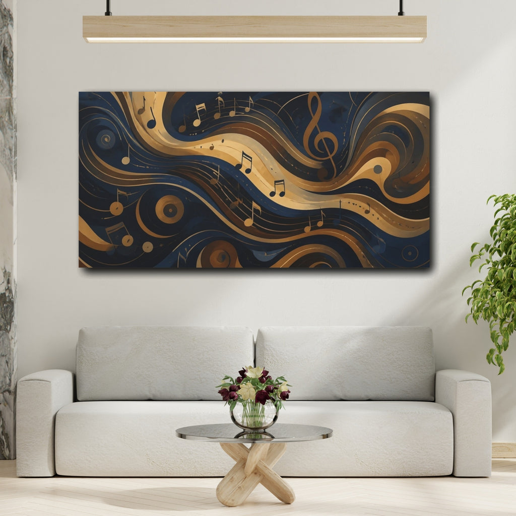 Mockup 2. Abstract Musical Notes Navy Gold Waves shown as stretched canvas wall art