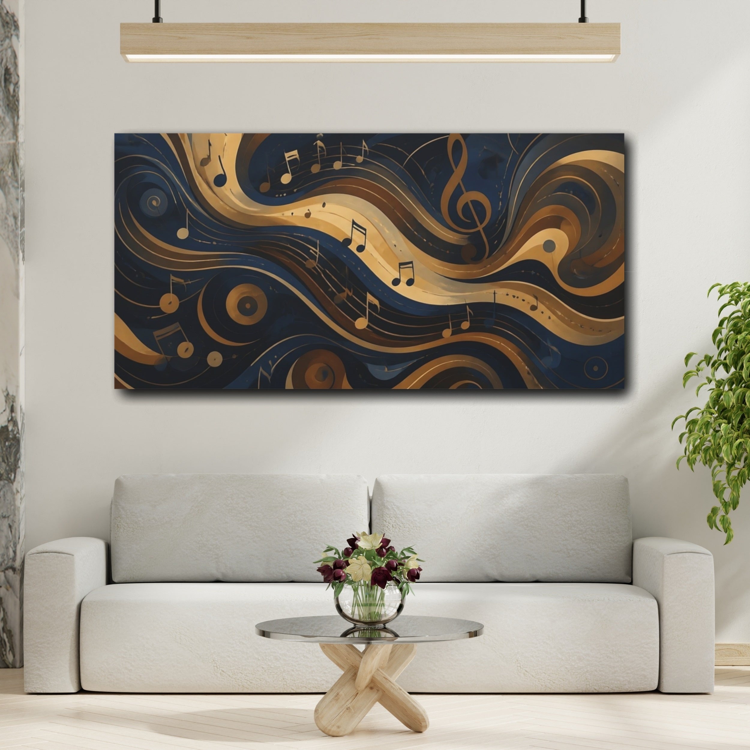 Mockup 2. Abstract Musical Notes Navy Gold Waves shown as stretched canvas wall art