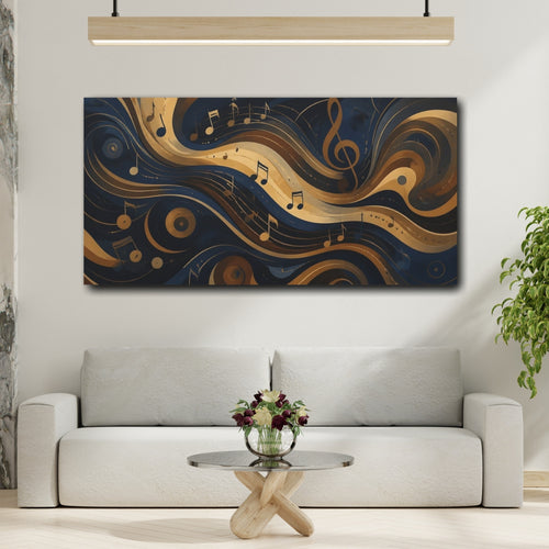 Mockup 2. Abstract Musical Notes Navy Gold Waves shown as stretched canvas wall art