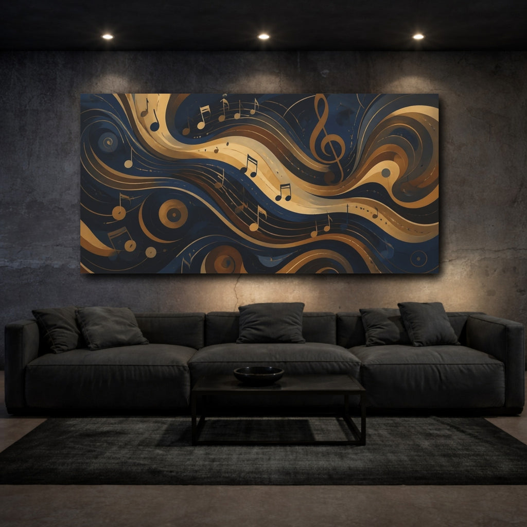 Mockup 3. Abstract Musical Notes Navy Gold Waves shown as stretched canvas wall art