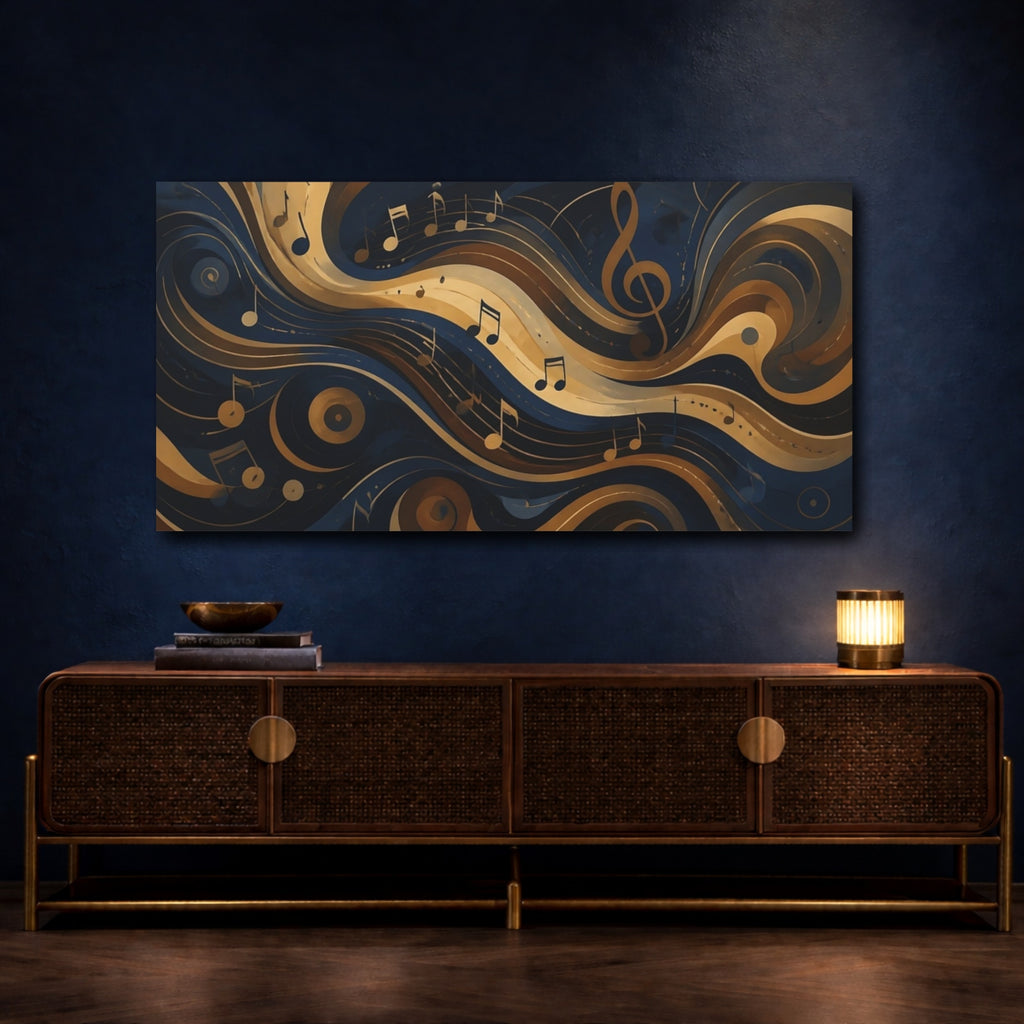 Mockup 4. Abstract Musical Notes Navy Gold Waves shown as stretched canvas wall art