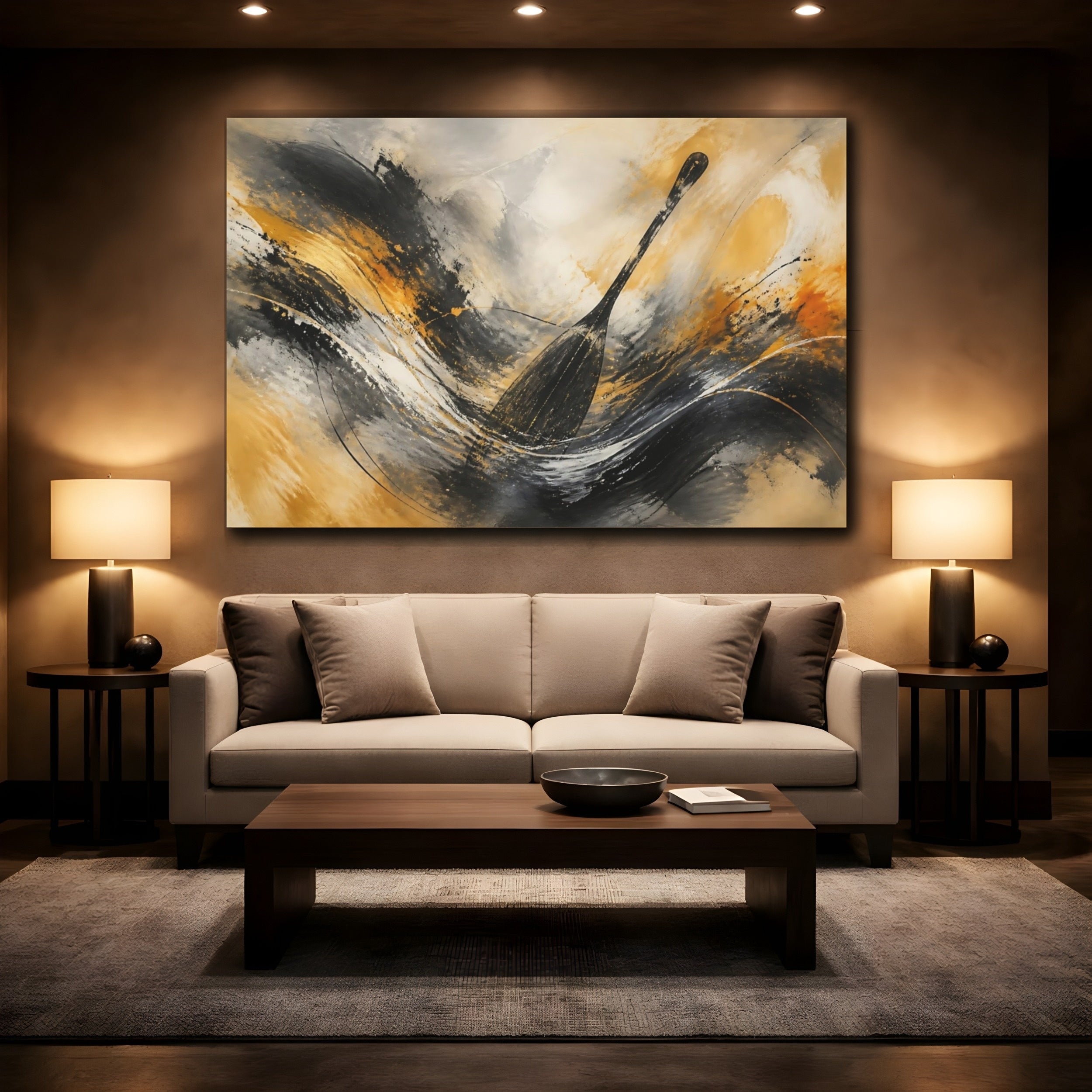 Mockup 2. Abstract Oar Black Gold Abstract shown as stretched canvas wall art