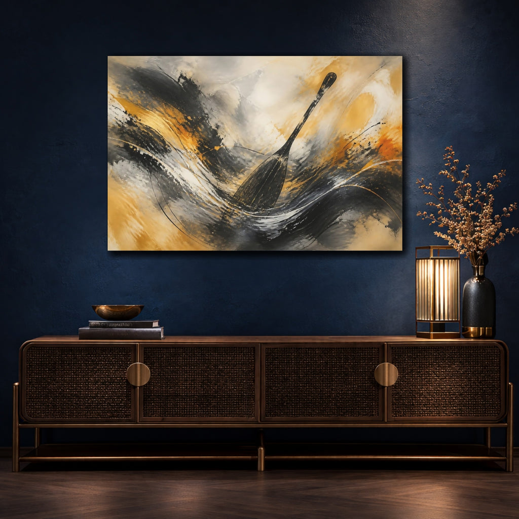 Mockup 4. Abstract Oar Black Gold Abstract shown as stretched canvas wall art
