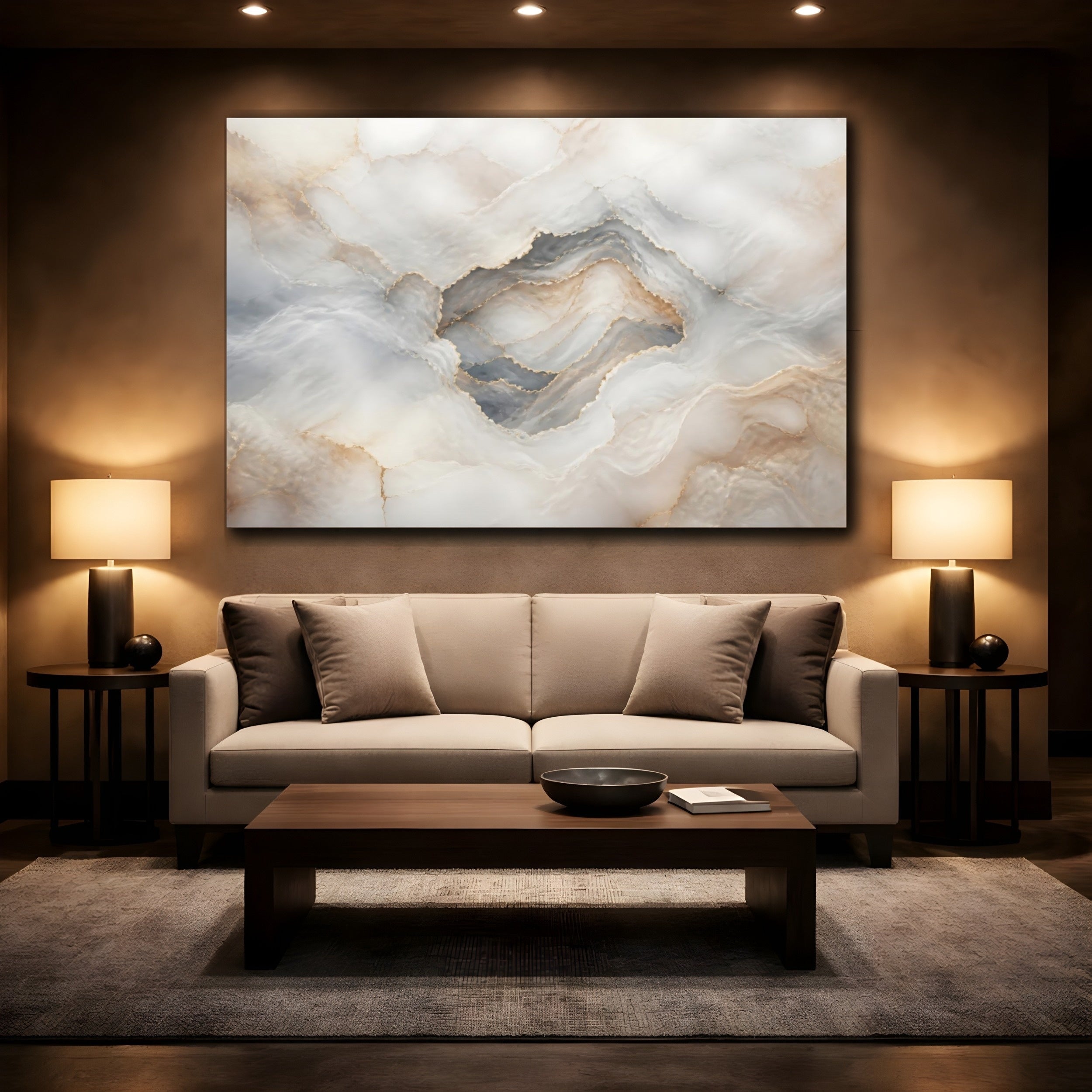 Mockup 2. Abstract Onyx Texture White Gold Abstract shown as stretched canvas wall art