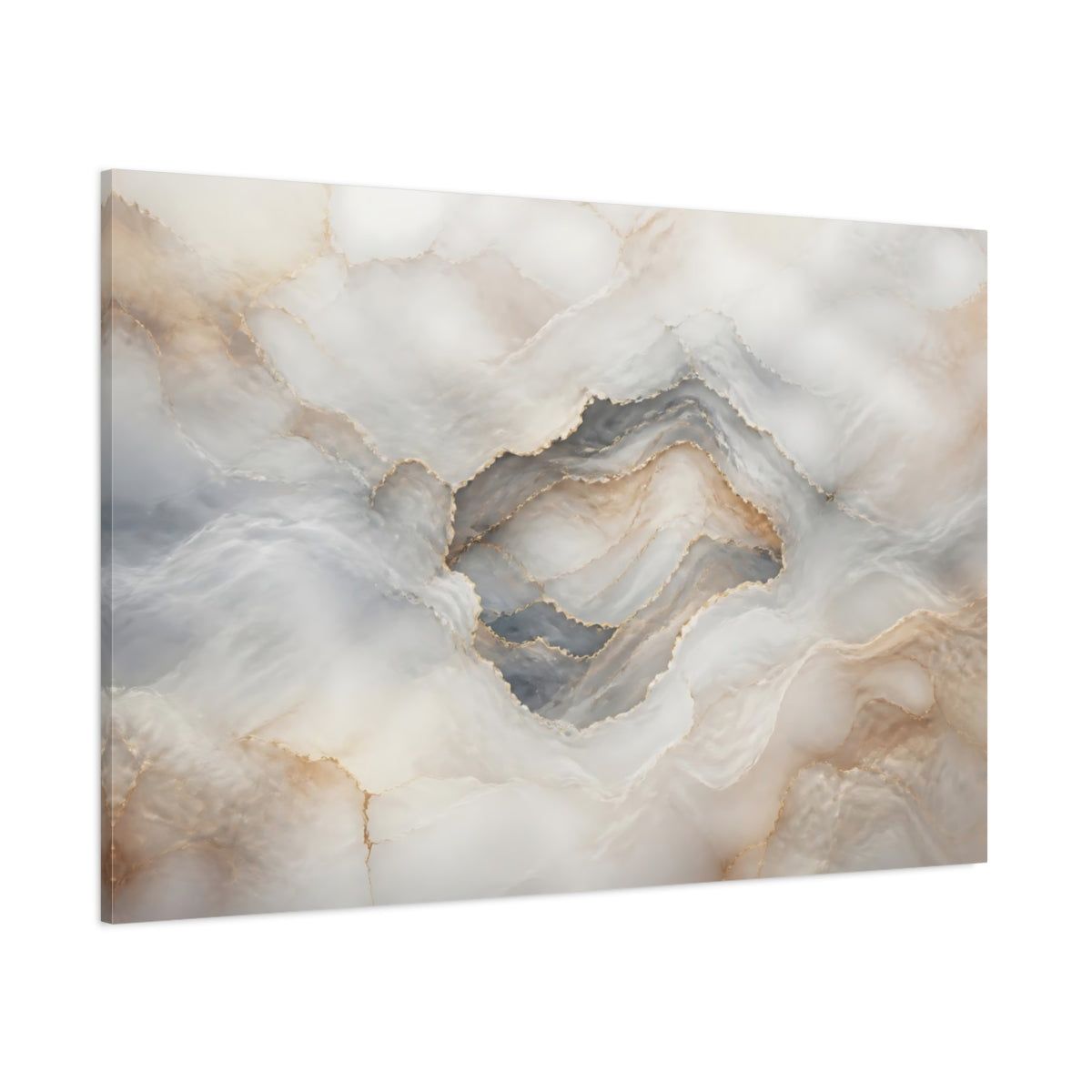 Side Mockup 1. Abstract Onyx Texture White Gold Abstract shown as stretched canvas wall art
