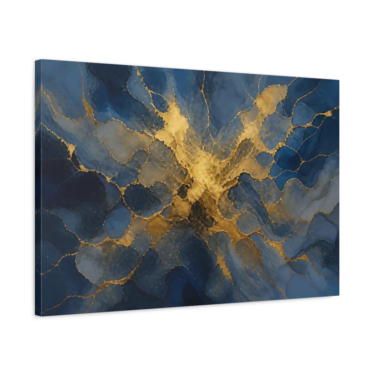 Side Mockup 2. Abstract Abstract Pattern Blue And Gold shown as stretched canvas wall art