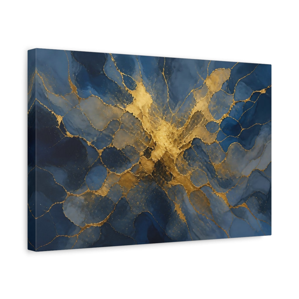 Side Mockup 4. Abstract Abstract Pattern Blue And Gold shown as stretched canvas wall art