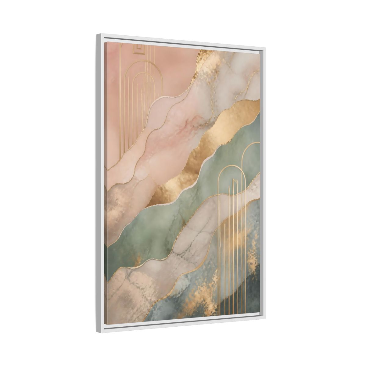 Side Mockup 9. Abstract Abstract Pattern Pink Green Gold shown as stretched canvas wall art