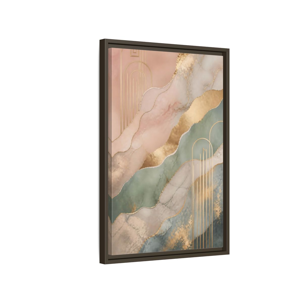 Side Mockup 2. Abstract Abstract Pattern Pink Green Gold shown as stretched canvas wall art